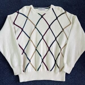Vintage John Ashford Golf Sweater Mens Large White Argyle Cotton Crewneck 90s
